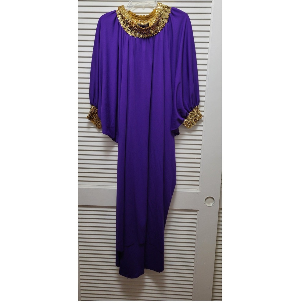 Vintage 1970s My Kinda Gal Purple Disco Kaftan Gold Sequin Maxi Dress